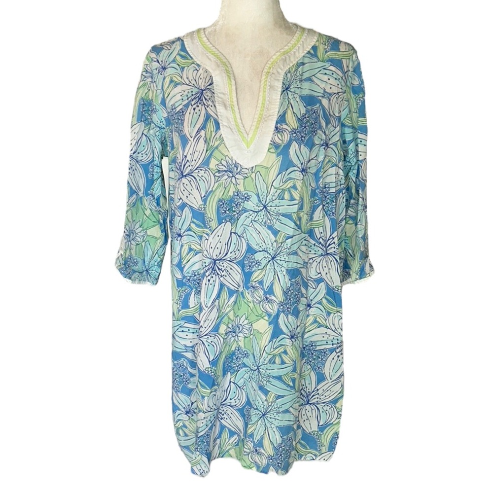 Lilly Pulitzer Pick of the Bunch Cornflower Blue Green Floral Palm Print Tunic M